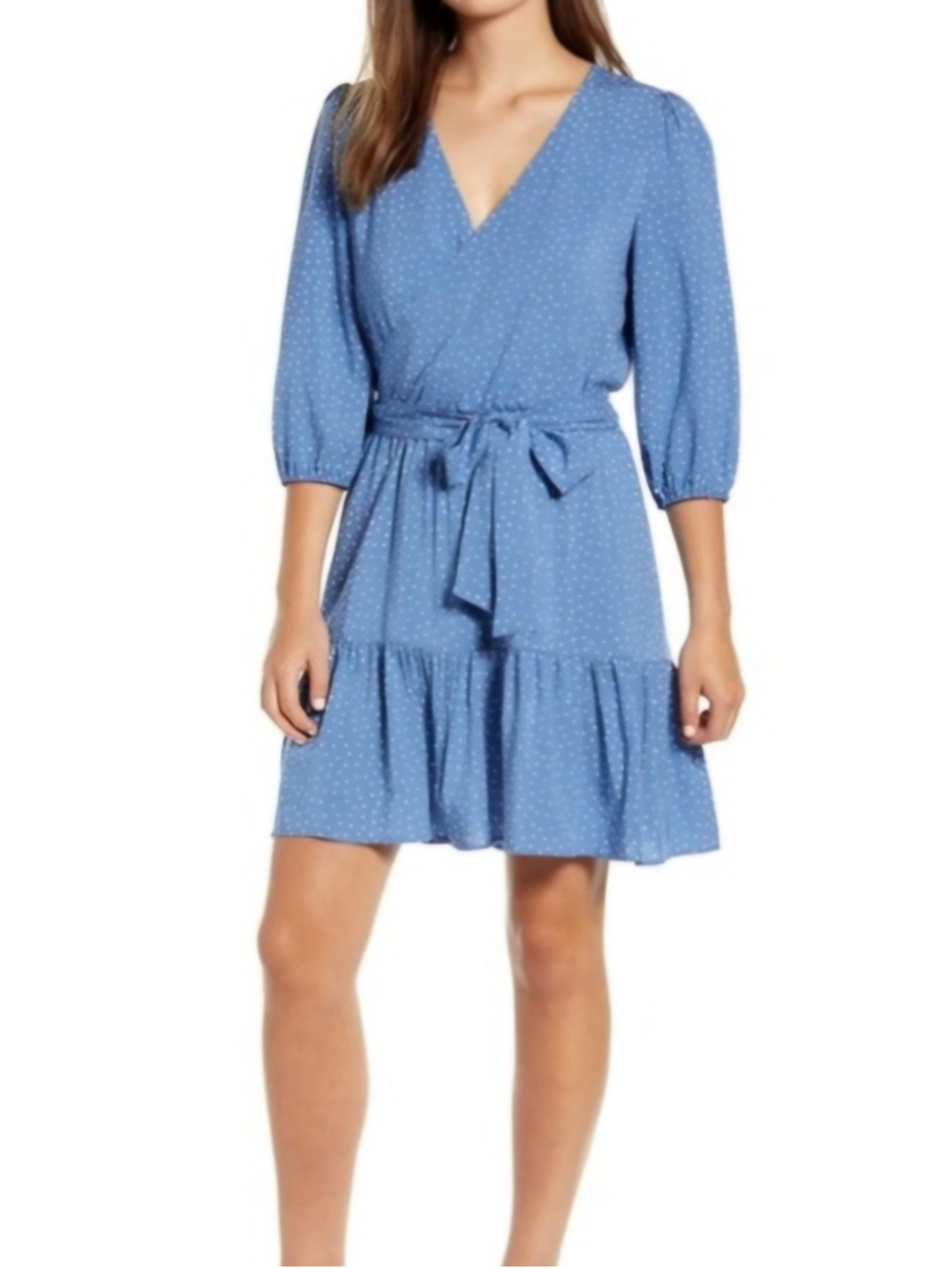 Gibson x The Motherchic Paloma Polka Dot Faux Wrap Mini Dress Womens M Blue